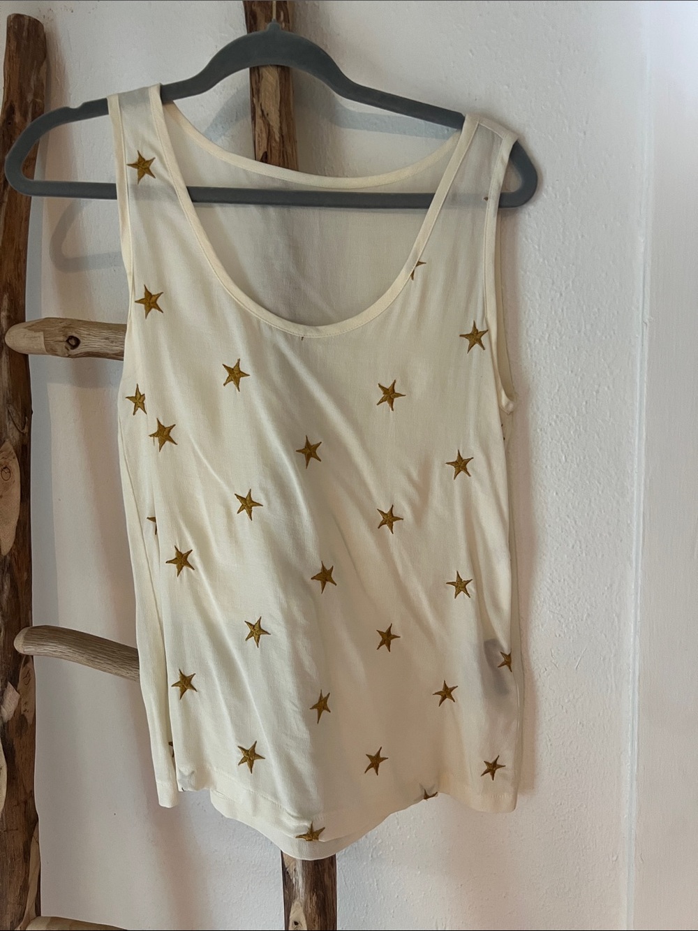 Cream Ivory Vintage Embroidered Gold Star Tank Top Rayon Dina Bar-El Small